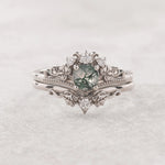 READY TO SHIP: Ariadne bridal ring set in 14K white gold, natural moss agate 5 mm, accent lab grown diamonds, AVAILABLE RING SIZES: 5.5 - 11 US - Eden Garden Jewelry™