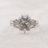 READY TO SHIP: Ariadne bridal ring set in 14K white gold, natural moss agate 5 mm, accent lab grown diamonds, AVAILABLE RING SIZES: 5.5 - 11 US - Eden Garden Jewelry™