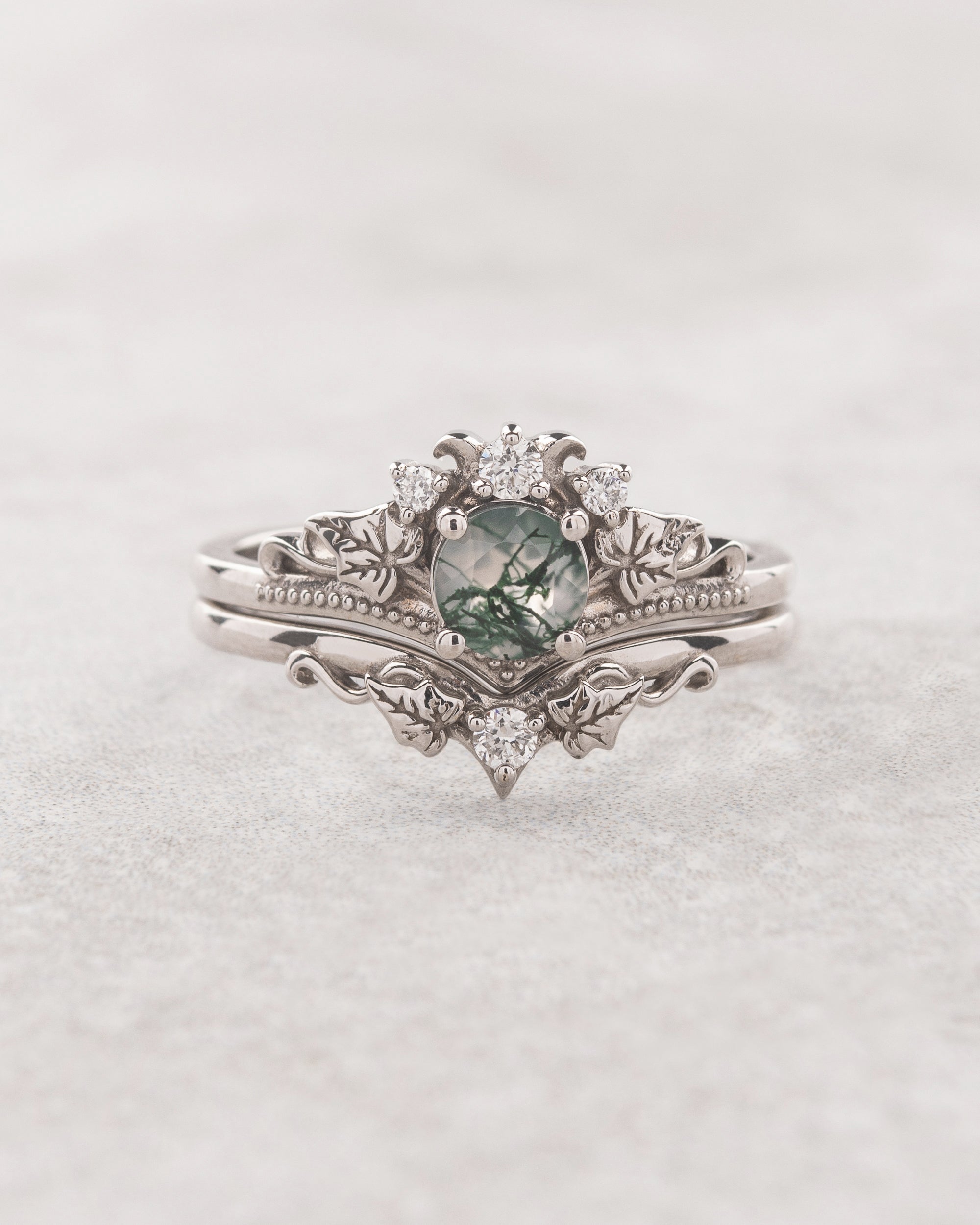 READY TO SHIP: Ariadne bridal ring set in 14K white gold, natural moss agate 5 mm, accent lab grown diamonds, AVAILABLE RING SIZES: 5.5 - 11 US - Eden Garden Jewelry™