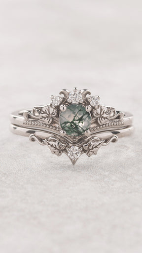 READY TO SHIP: Ariadne bridal ring set in 14K white gold, natural moss agate 5 mm, accent lab grown diamonds, AVAILABLE RING SIZES: 5.5 - 11 US - Eden Garden Jewelry™