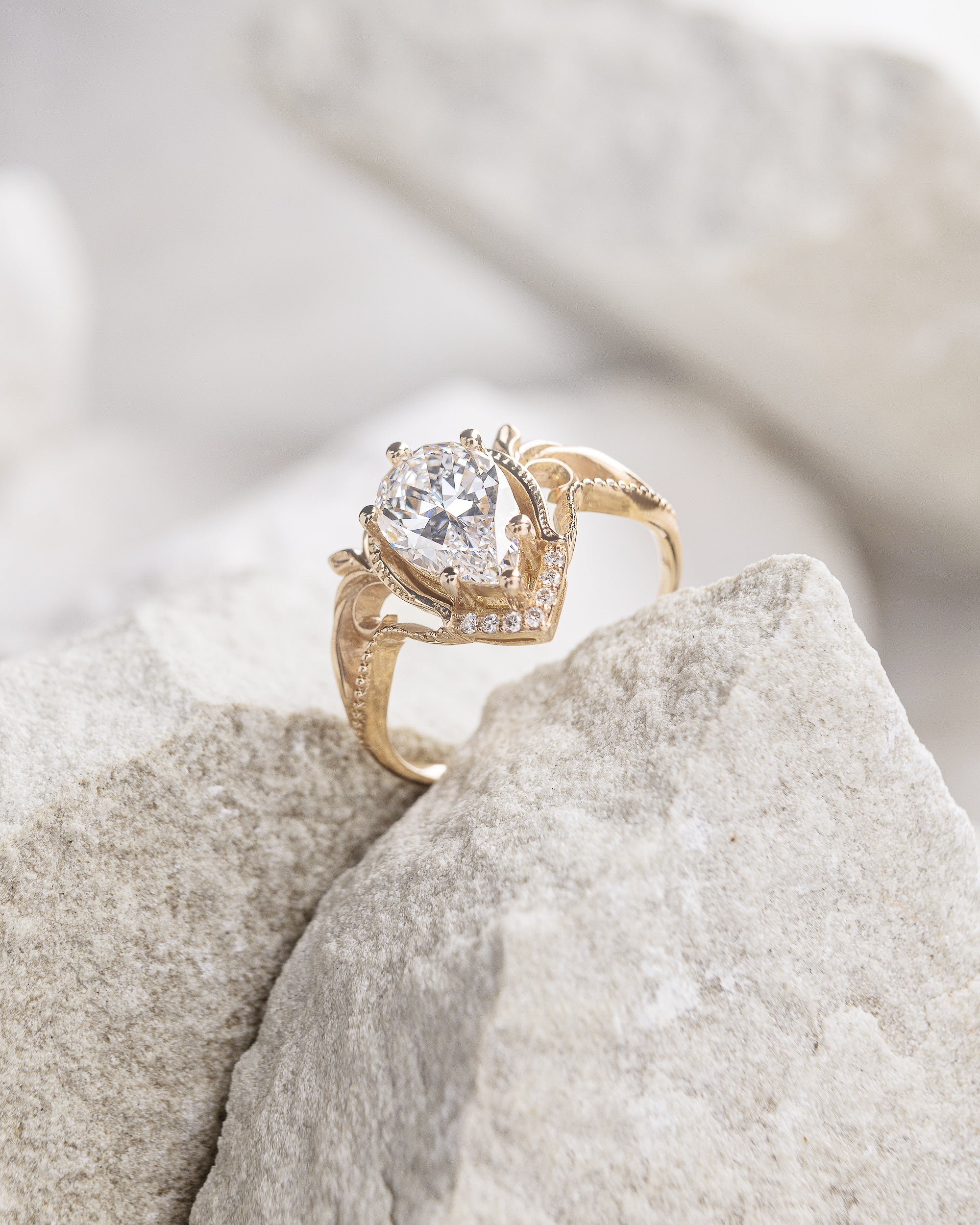 Big pear lab grown diamonds engagement ring, vintage inspired gold ring with diamonds  / Lida - Eden Garden Jewelry™