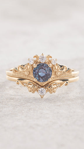 Ivy leaves bridal ring set with alexandrite and diamonds / Ariadne - Eden Garden Jewelry™
