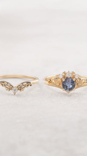 Ivy leaves bridal ring set with alexandrite and diamonds / Ariadne - Eden Garden Jewelry™