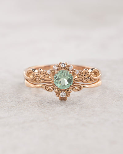 Mint green tourmaline bridal ring set with diamonds / Horta - Eden Garden Jewelry™