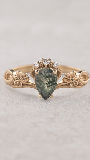 Celtic engagement ring with pear cut moss agate and diamonds / Horta - Eden Garden Jewelry™