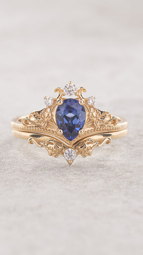 Elvish ring set with vivid blue lab sapphire / Ariadne - Eden Garden Jewelry™