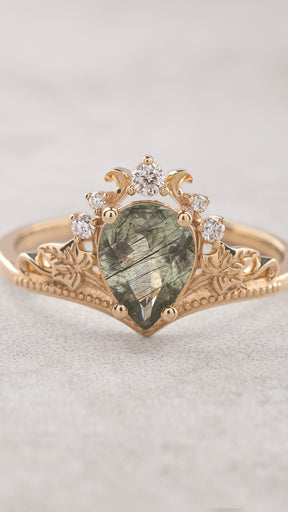 Unusual rutile peridot engagement ring, golden ring with ivy leaves / Ariadne - Eden Garden Jewelry™