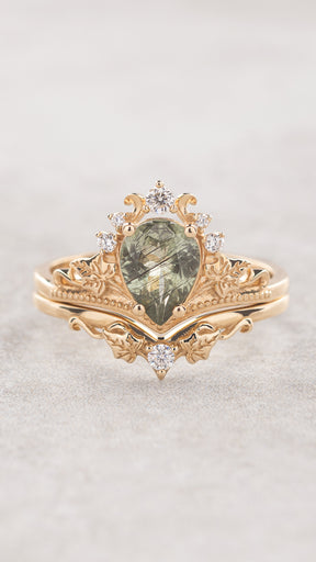 Rutile peridot engagement ring set with a matching wedding band / Ariadne - Eden Garden Jewelry™