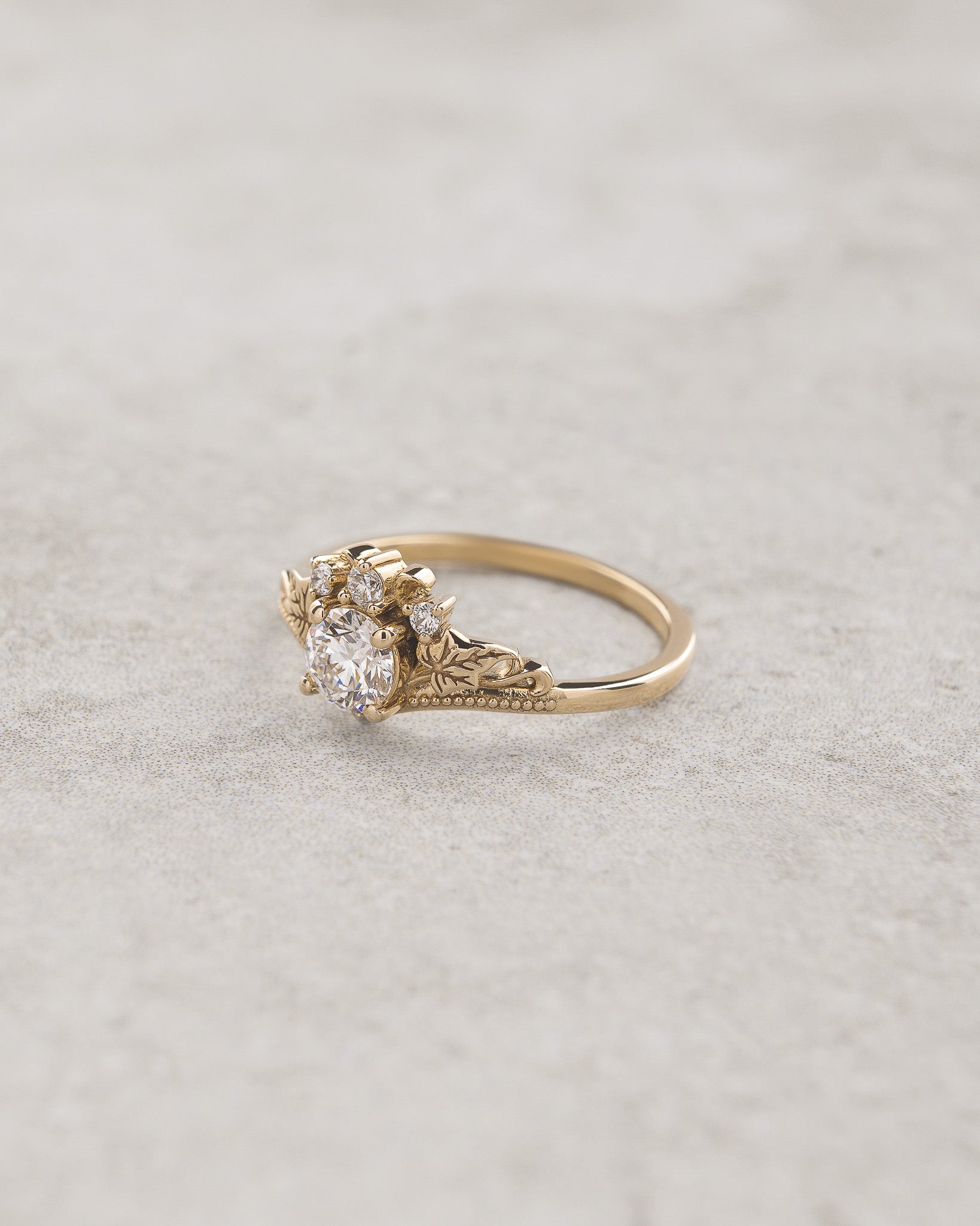 Round lab grown diamond engagement ring, nature inspired proposal ring / Ariadne