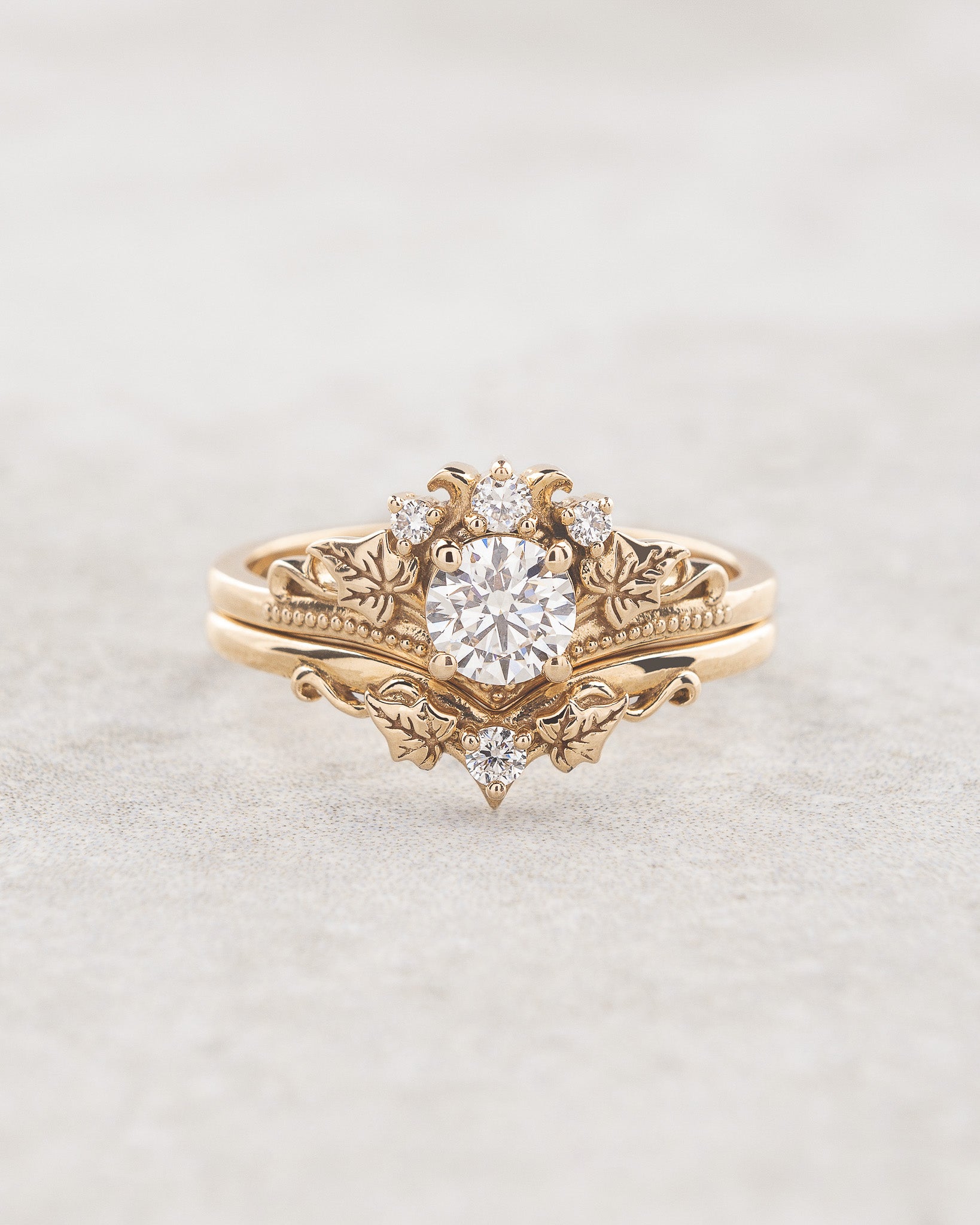 Lab grown diamonds bridal ring set, ivy leaves ring / Ariadne - Eden Garden Jewelry™