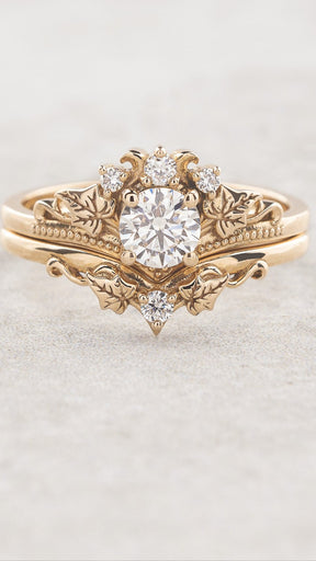 0.5 carat lab grown diamond engagement ring set, gold ivy leaves bridal rings / Ariadne - Eden Garden Jewelry™