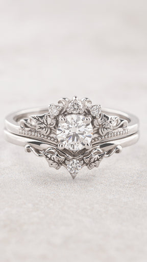 White gold lab grown diamond bridal ring set, gold leaves engagement and wedding rings / Ariadne - Eden Garden Jewelry™