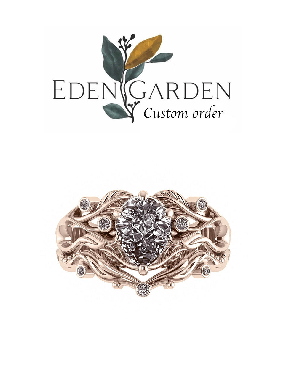 Custom order | Callisto bridal ring set with 8x6 pear-cut moonstone and sapphires - Eden Garden Jewelry™