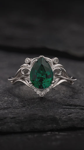 Pear lab emerald engagement ring, vintage inspired gold ring with diamonds / Lida small - Eden Garden Jewelry™