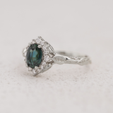 Genuine teal sapphire engagement ring, white gold engagement ring with diamond halo / Florentina