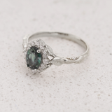 Genuine teal sapphire engagement ring, white gold engagement ring with diamond halo / Florentina