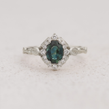 Genuine teal sapphire engagement ring, white gold engagement ring with diamond halo / Florentina