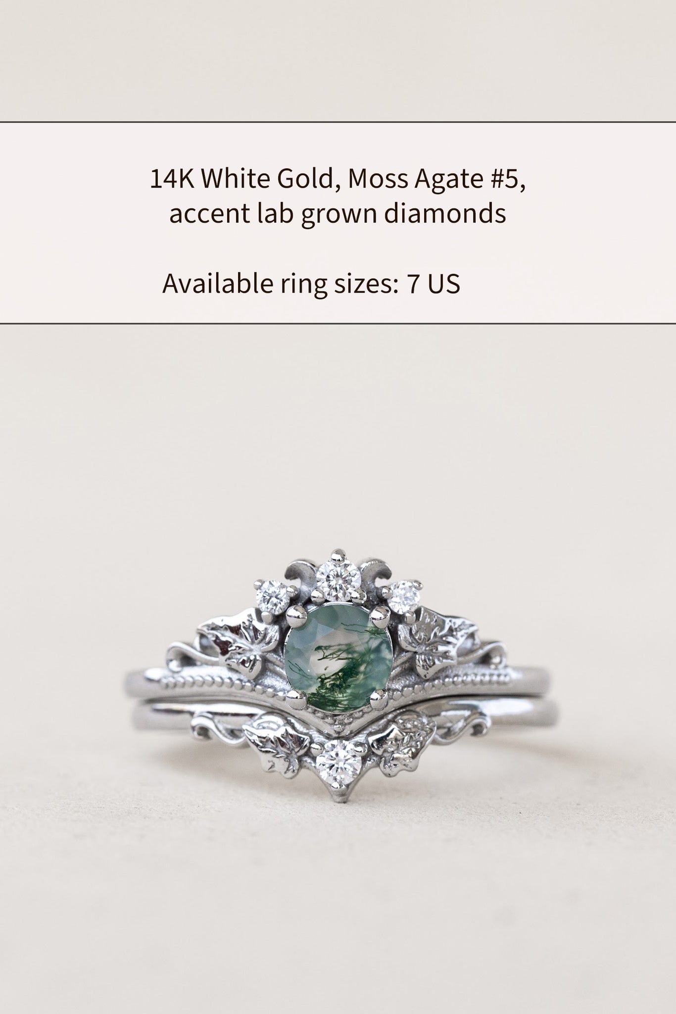 READY TO SHIP: Ariadne bridal ring set in 14K white gold, natural moss agate 5 mm, accent lab grown diamonds, AVAILABLE RING SIZES: 7 US, 10 US