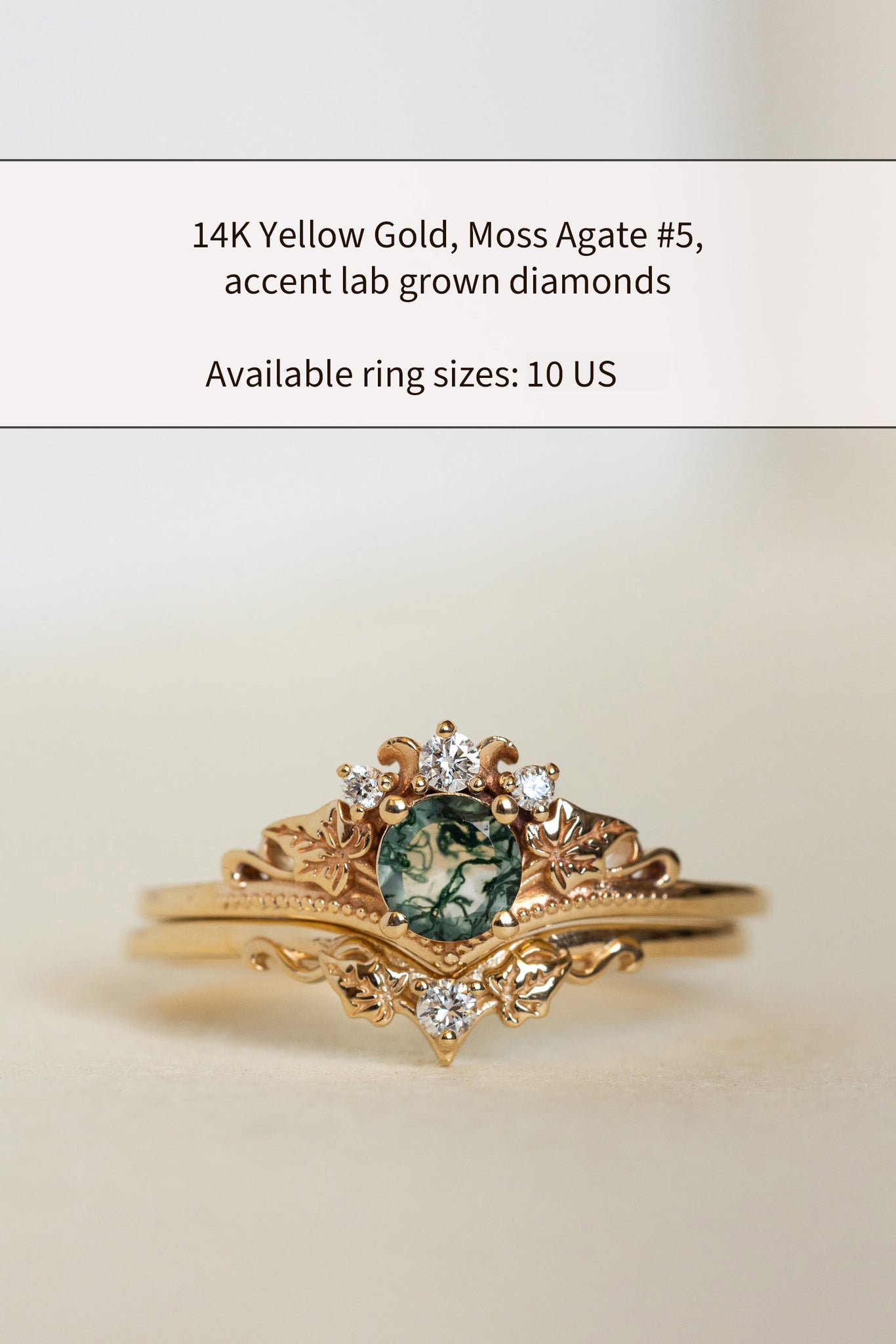 READY TO SHIP: Ariadne bridal ring set in 14K or 18K yellow gold, round moss agate, accents lab grown diamonds, AVAILABLE RING SIZES: 6 US, 7 US, 10 US