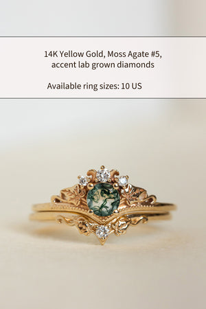 READY TO SHIP: Ariadne bridal ring set in 14K or 18K yellow gold, round moss agate, accents lab grown diamonds, AVAILABLE RING SIZES: 6 US, 7 US, 10 US