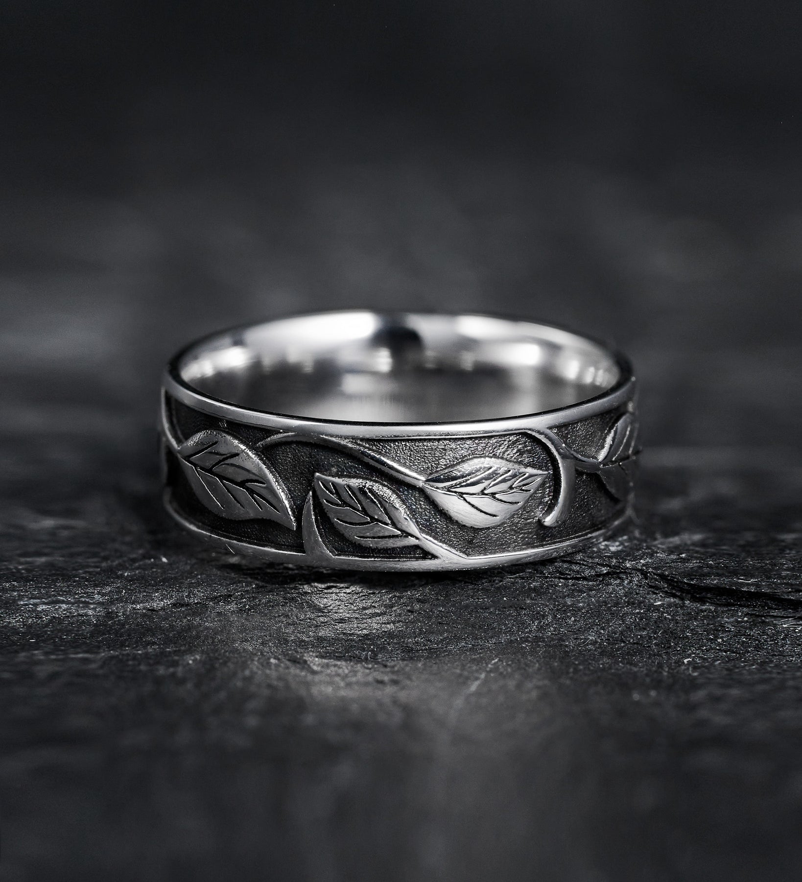 Men's wedding ring, black and gold ring, nature wedding band for