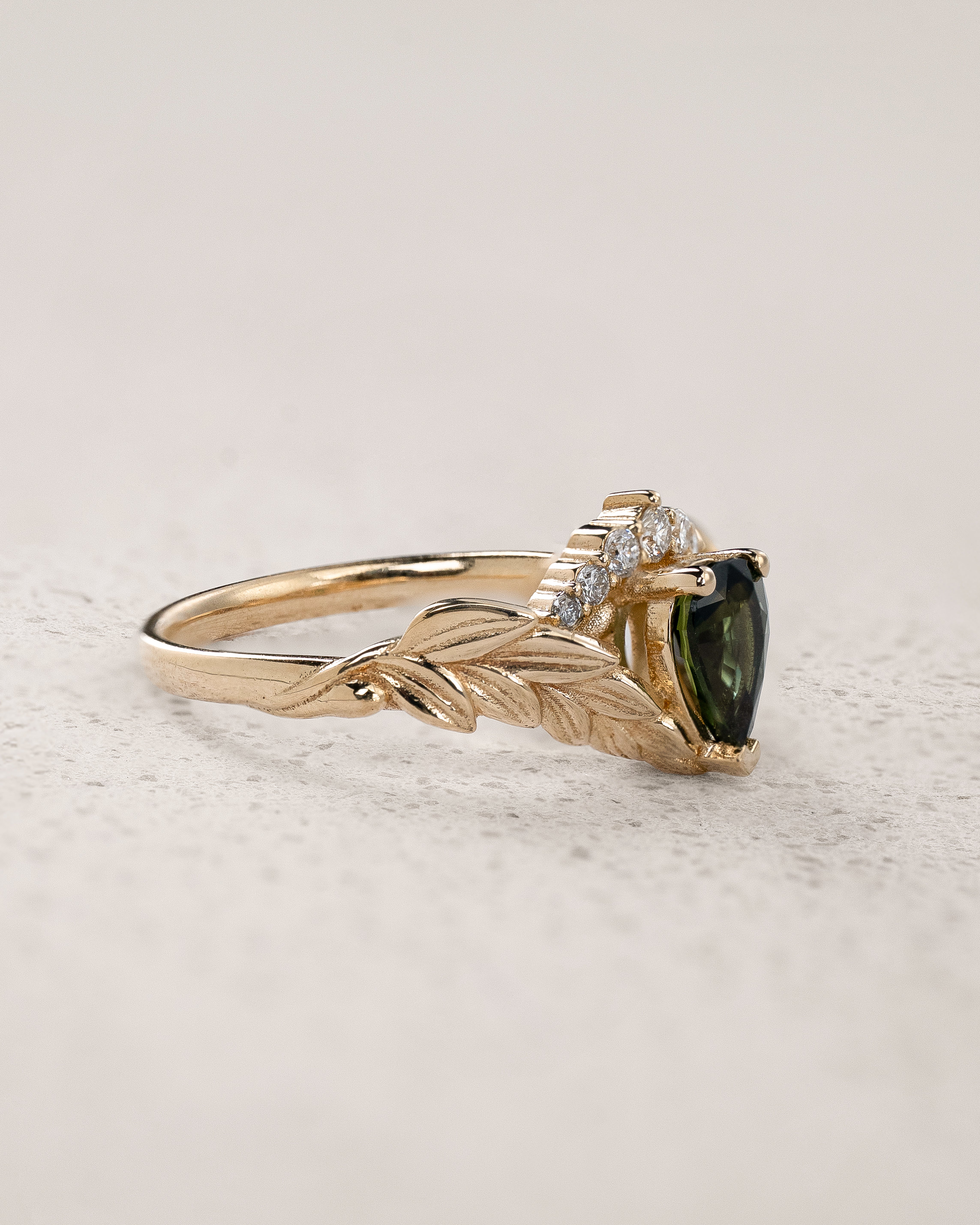 [published as a set] READY TO SHIP: Palmira Crown engagement ring with green sapphire and diamonds, 14K yellow gold, AVAILABLE RING SIZES: 5.5 - 8.5 US - Eden Garden Jewelry™