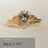 READY TO SHIP: Ariadne bridal ring set in 14K yellow gold, round moss agate, accents lab grown diamonds, AVAILABLE RING SIZES: 5.5 - 11 US