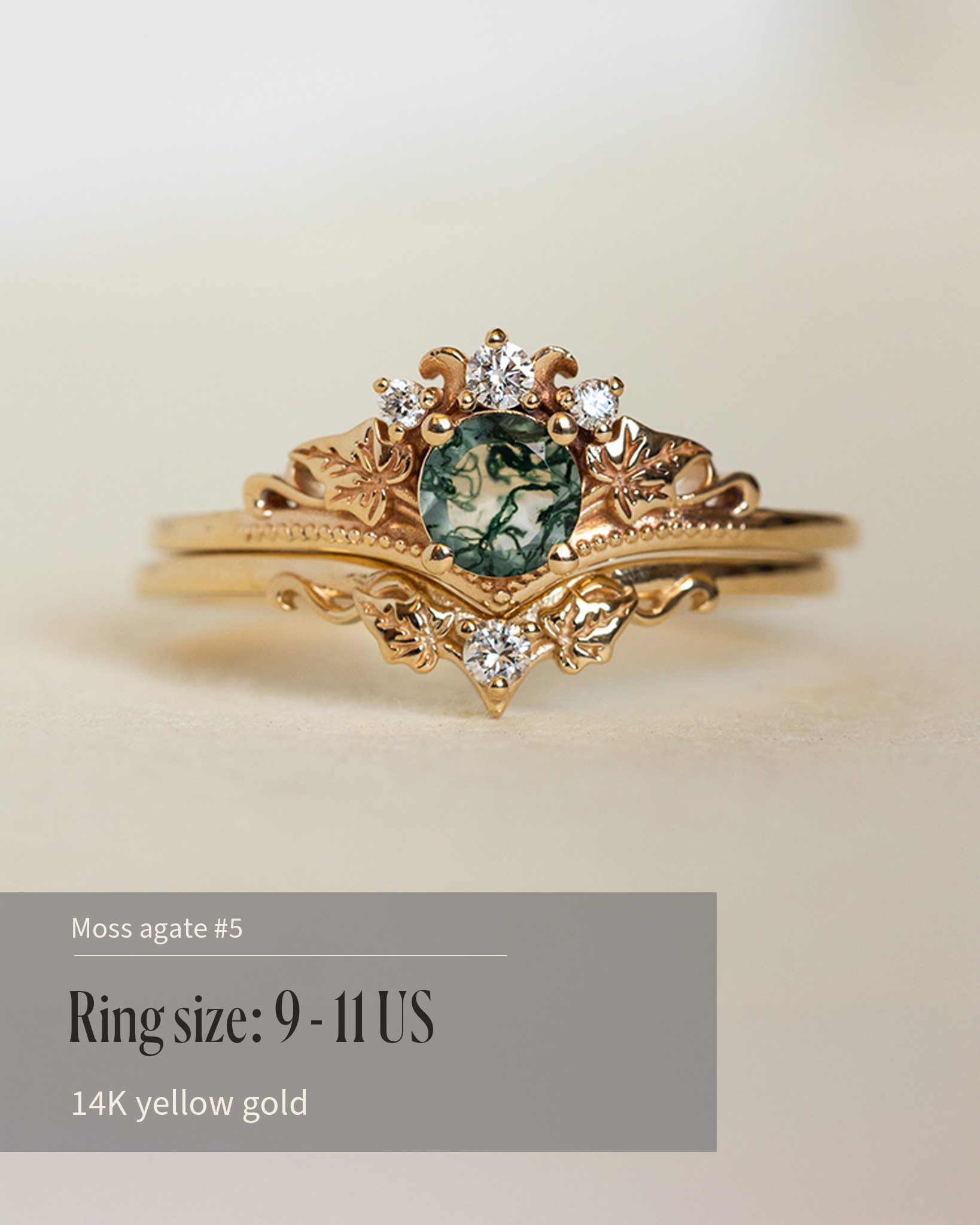 READY TO SHIP Ariadne bridal ring set in 14K yellow gold, round moss agate, accents lab grown diamonds, AVAILABLE RING SIZES: 5.5 - 11 US - Eden Garden Jewelry™