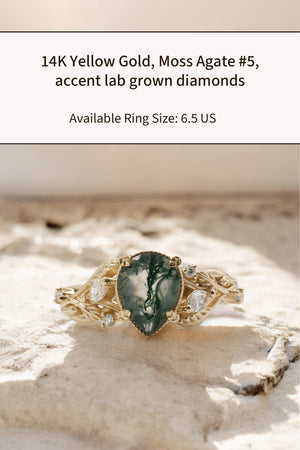 READY TO SHIP: Patricia ring in 14K or 18K yellow gold, natural moss agate pear cut 8x6 mm, accent lab grown diamonds, AVAILABLE RING SIZES: 6.5US, 9US