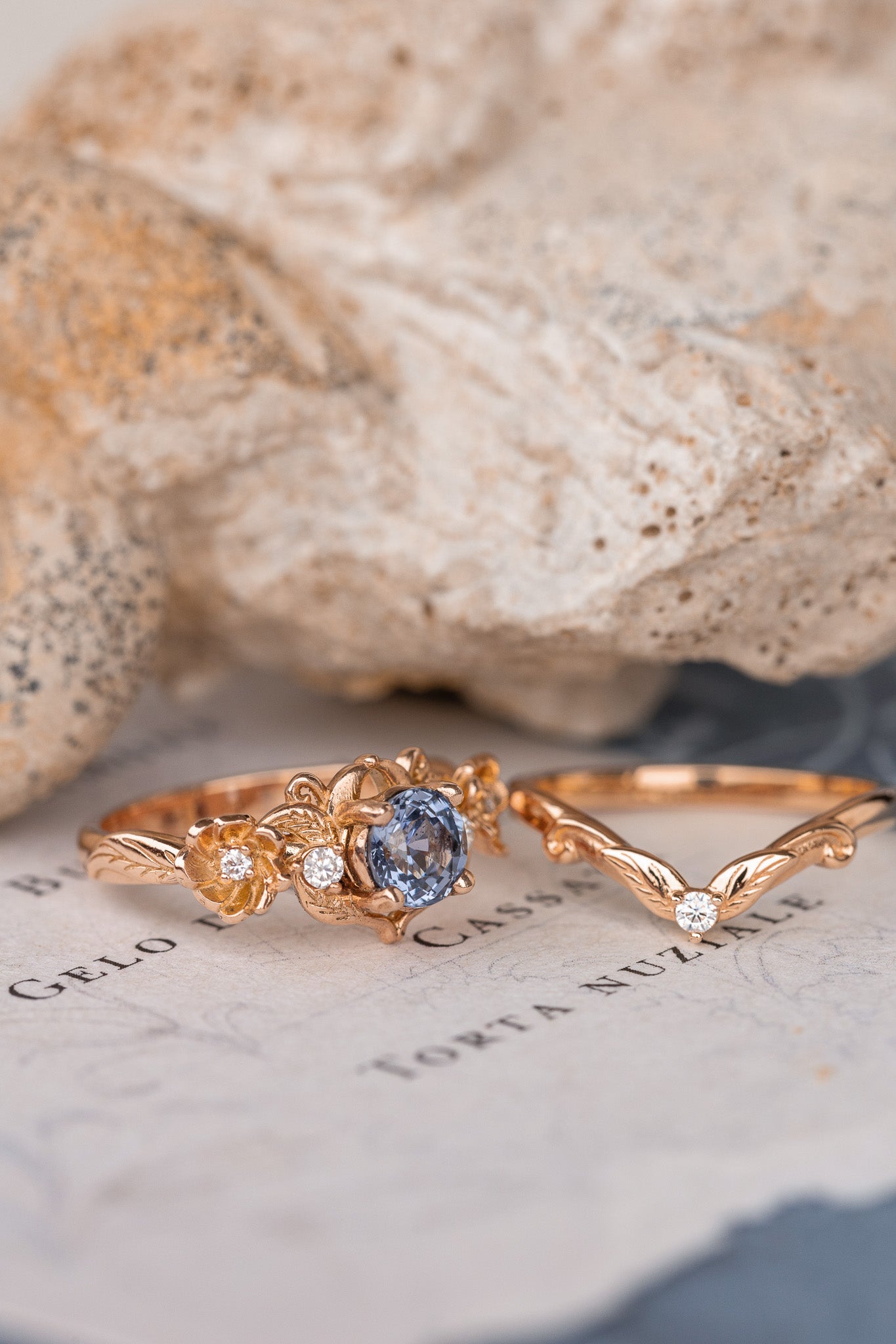 Violetish blue sapphire engagement ring set, stacking rings set with flower and diamonds / Adelina - Eden Garden Jewelry™