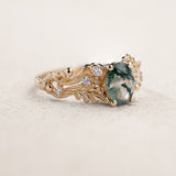 Moss agate engagement ring, gold oak leaves and diamonds proposal ring / Silviya - Eden Garden Jewelry™