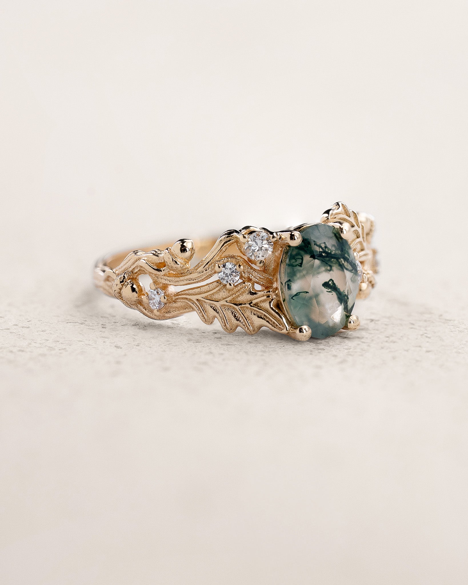 Moss agate engagement ring, gold oak leaves and diamonds proposal ring / Silviya - Eden Garden Jewelry™