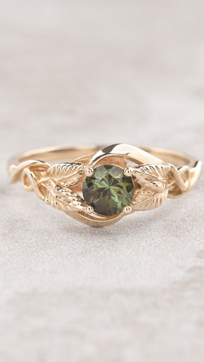 Forest green tourmaline engagement ring with golden leaves / Azalea - Eden Garden Jewelry™