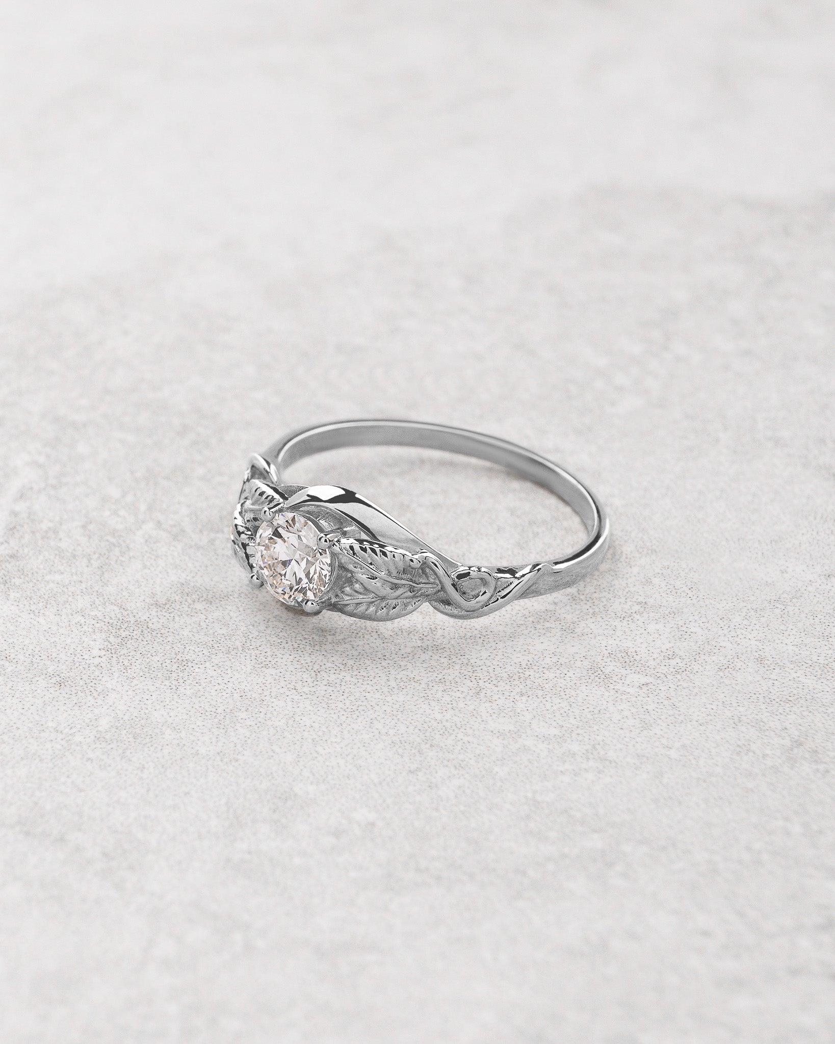 Delicate leaf engagement ring with clear lab grown diamond / Azalea - Eden Garden Jewelry™