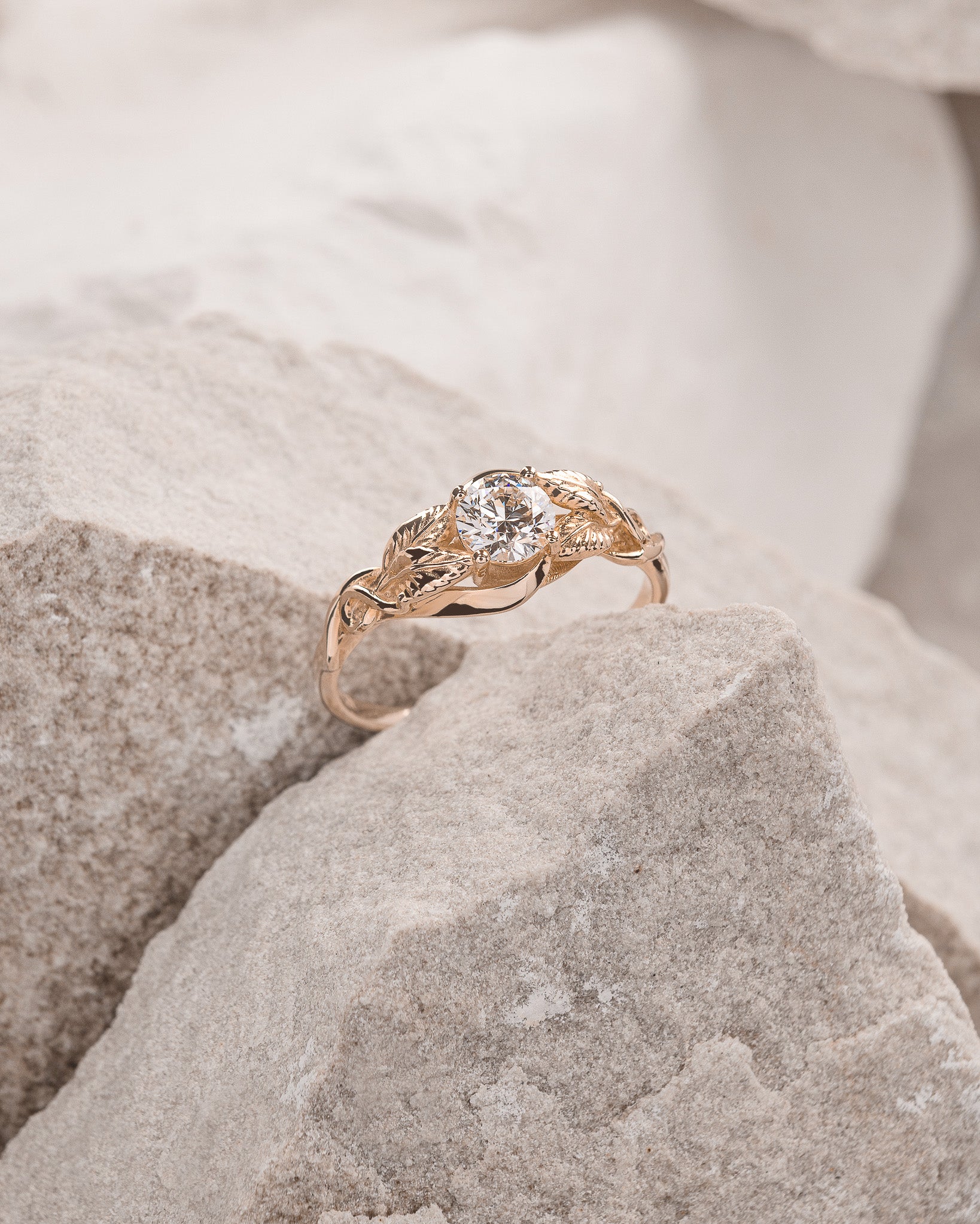 Delicate leaf engagement ring with clear lab grown diamond / Azalea - Eden Garden Jewelry™