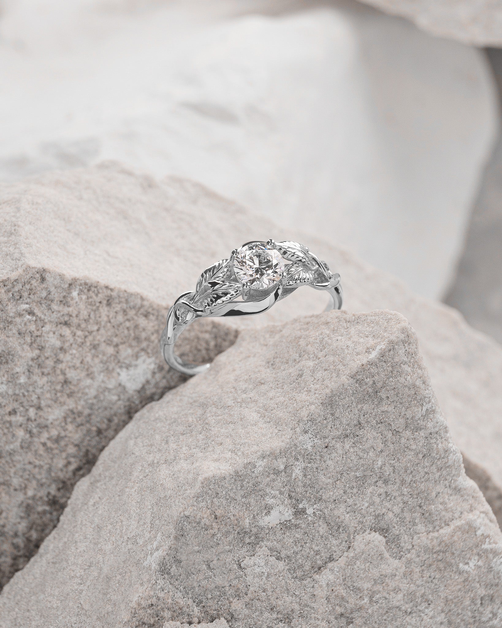 Delicate leaf engagement ring with clear lab grown diamond / Azalea - Eden Garden Jewelry™