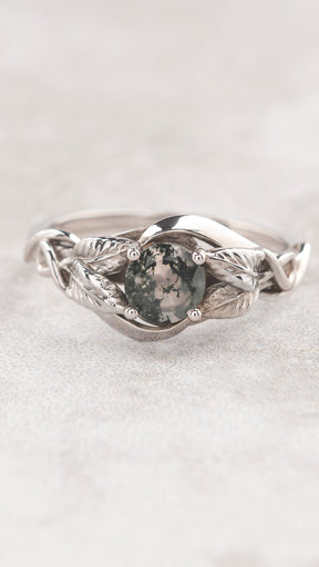 Round moss agate bridal set with golden leaves / Azalea - Eden Garden Jewelry™