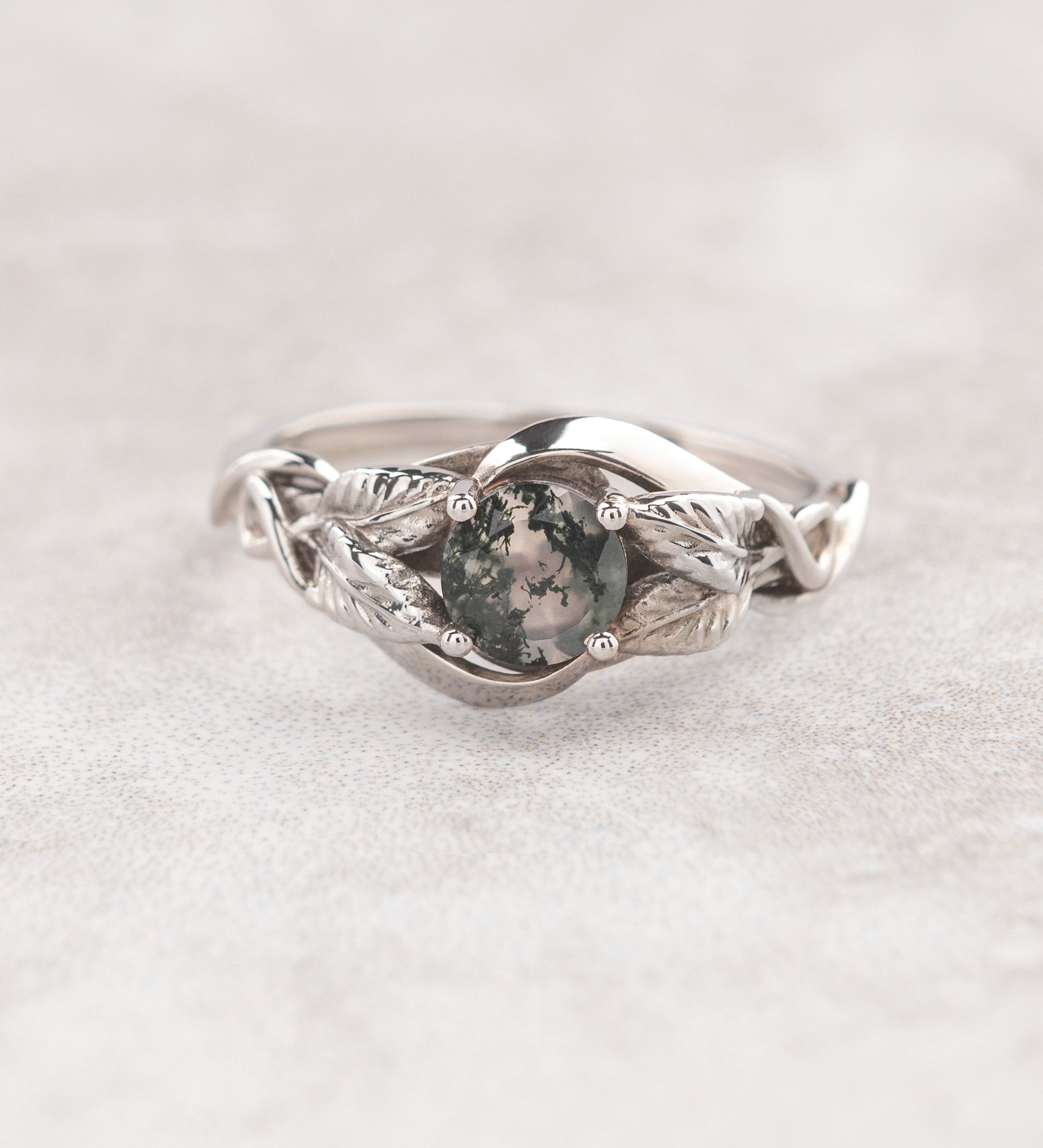 READY TO SHIP: Azalea ring with round moss agate, 14K white gold, AVAILABLE RING SIZES: 3.5 - 6.5 US - Eden Garden Jewelry™