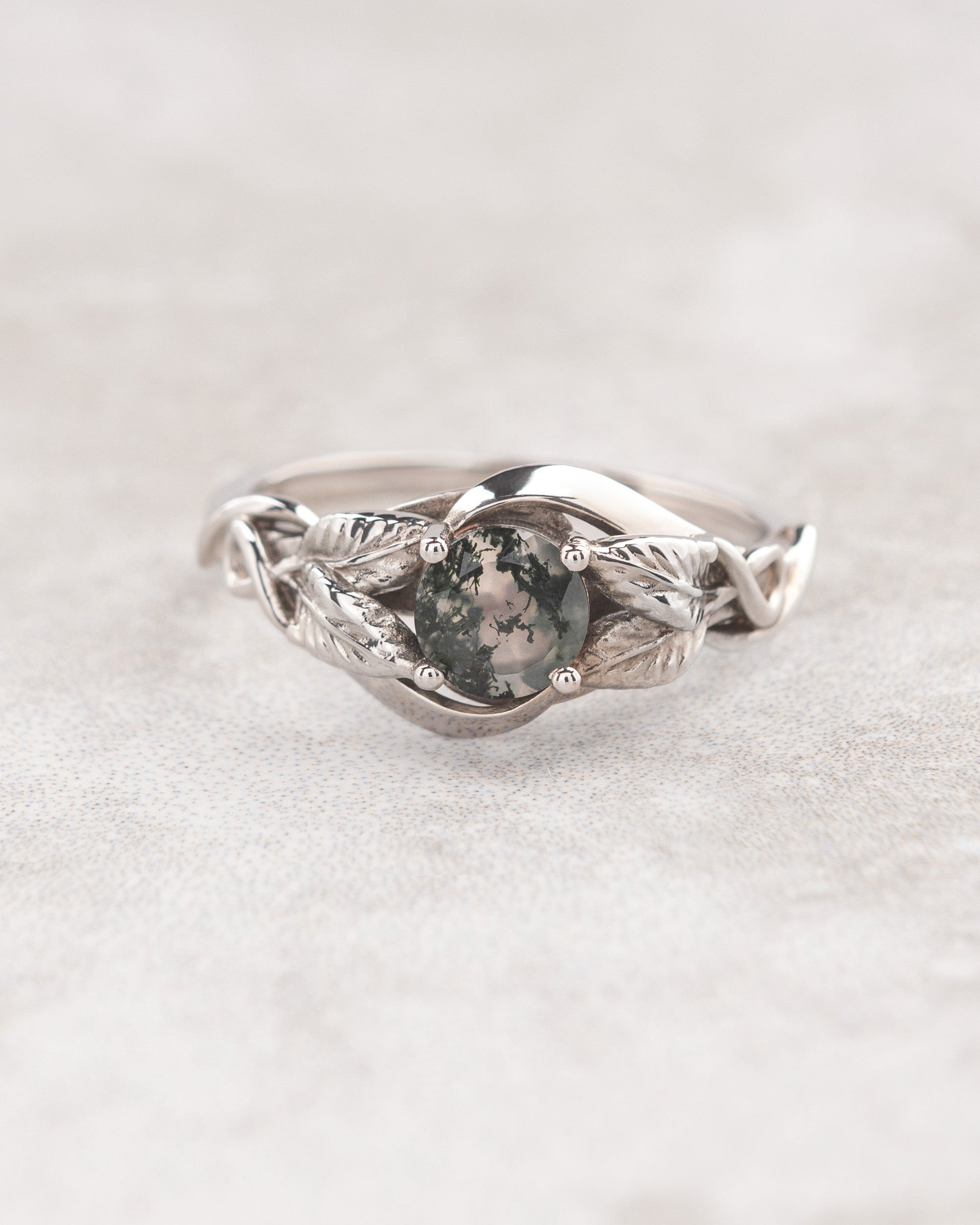 READY TO SHIP: Azalea ring with round moss agate, 14K white gold, AVAILABLE RING SIZES: 3.5 - 6.5 US - Eden Garden Jewelry™