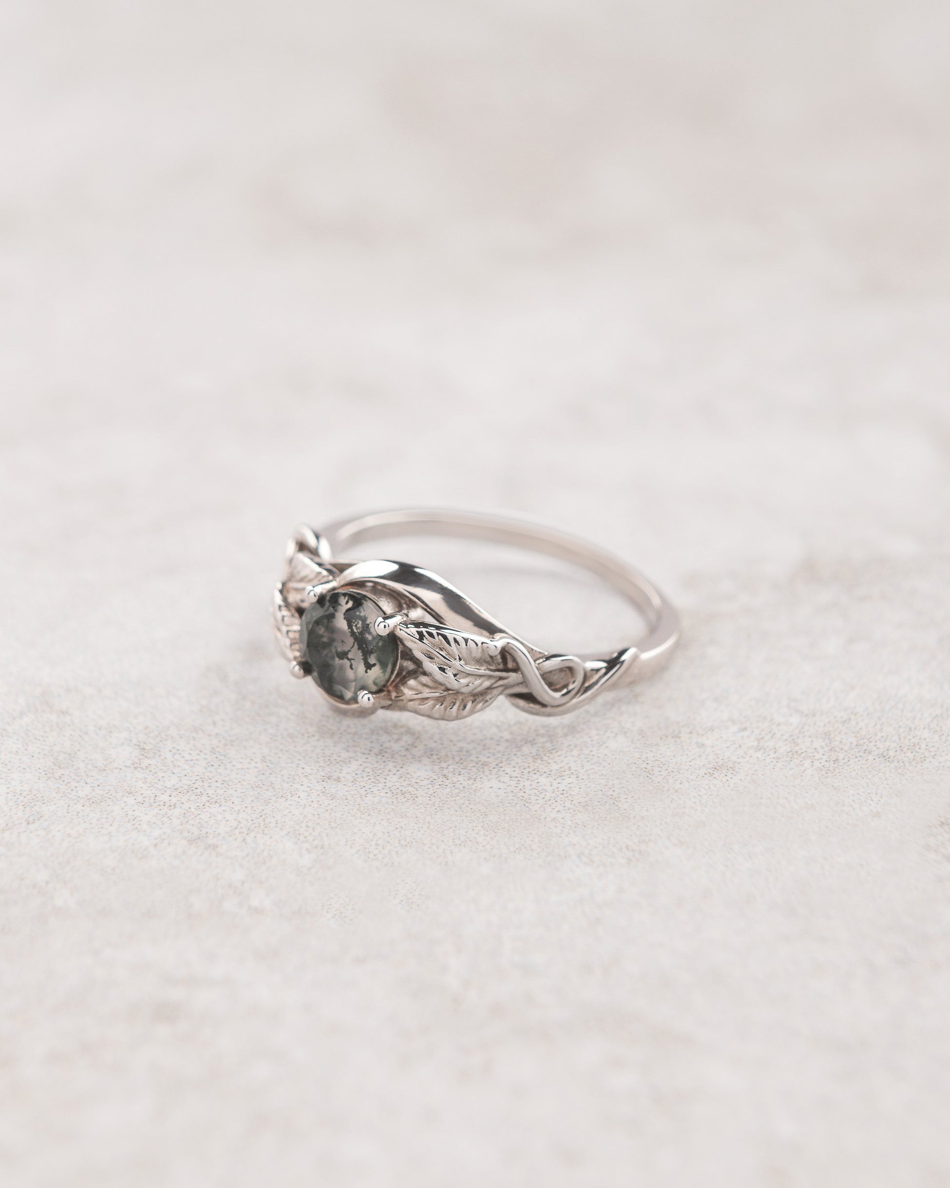Delicate Engagement Ring With Moss Agate | Gold Leaf Ring for Proposal ...