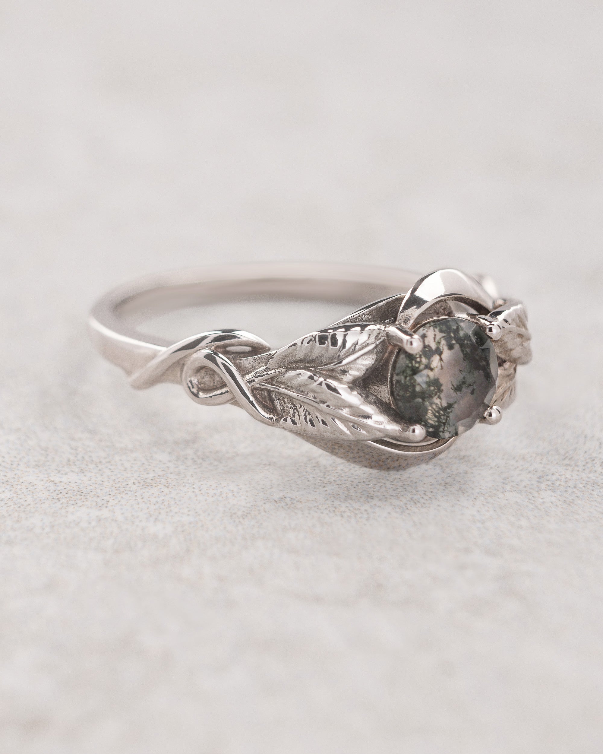 READY TO SHIP: Azalea ring with round moss agate, 14K white gold, AVAILABLE RING SIZES: 3.5 - 6.5 US - Eden Garden Jewelry™