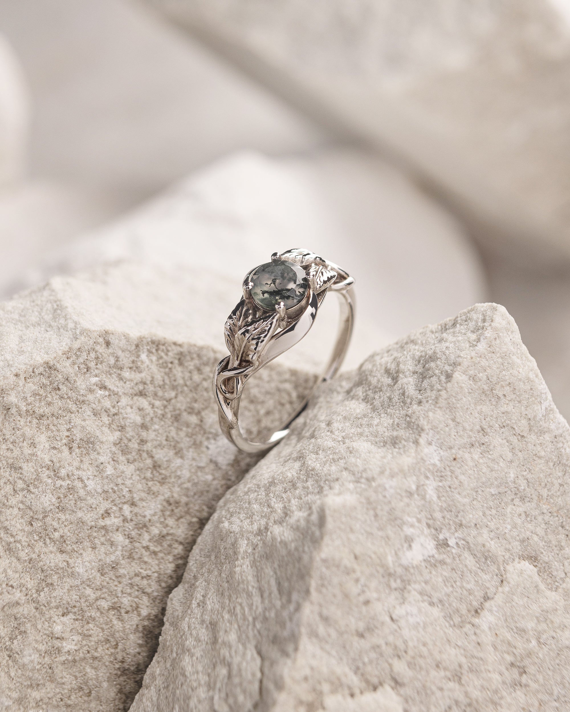 READY TO SHIP: Azalea ring with round moss agate, 14K white gold, AVAILABLE RING SIZES: 3.5 - 6.5 US - Eden Garden Jewelry™