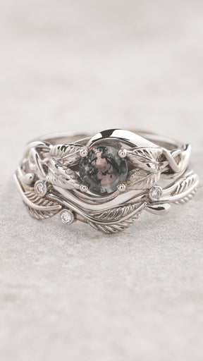 Round moss agate bridal set with golden leaves / Azalea - Eden Garden Jewelry™