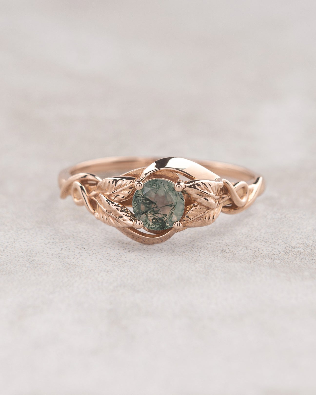 Delicate Engagement Ring With Moss Agate | Gold Leaf Ring for Proposal ...