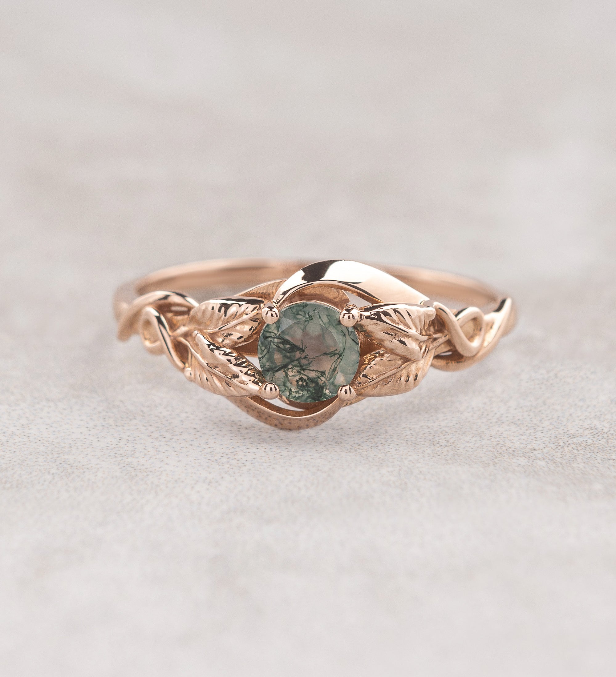 READY TO SHIP: Azalea ring in 14K rose gold, natural moss agate round cut 5 mm, AVAILABLE RING SIZES: 3.25 - 9.5 US - Eden Garden Jewelry™