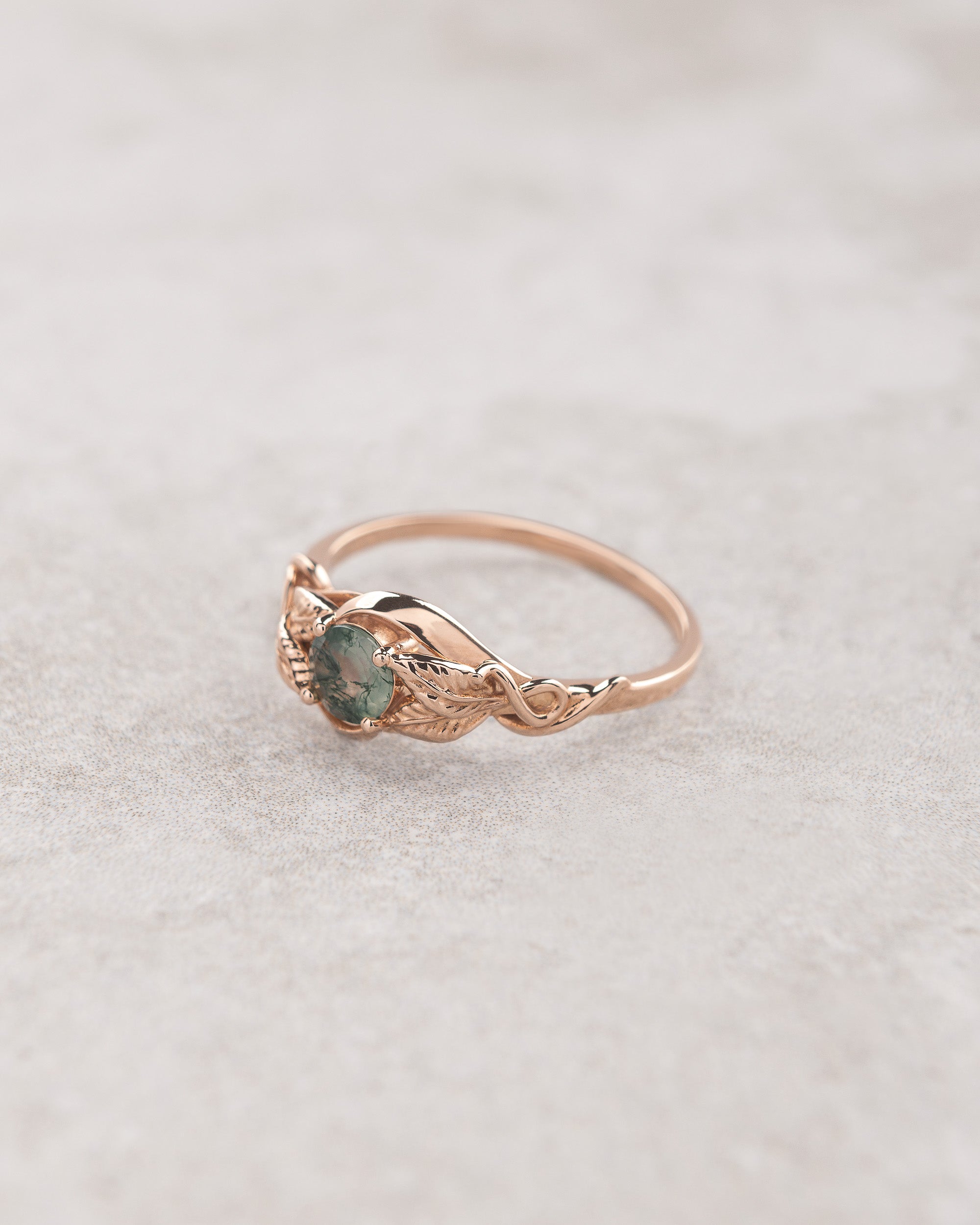 Delicate Engagement Ring With Moss Agate | Gold Leaf Ring for Proposal ...
