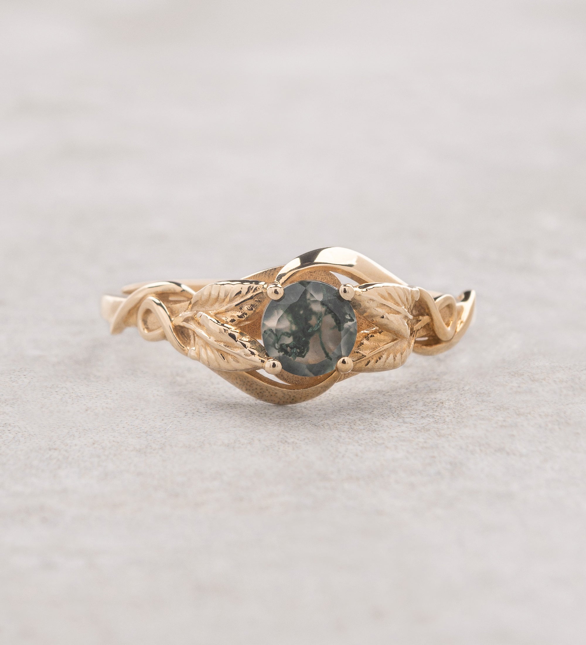 READY TO SHIP: Azalea ring in 14K yellow gold, natural moss agate round cut 5 mm, AVAILABLE RING SIZES: 3.5 - 9.5 US - Eden Garden Jewelry™