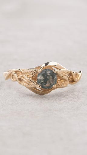 READY TO SHIP: Azalea ring in 14K yellow gold, natural moss agate round cut 5 mm, AVAILABLE RING SIZES: 3.5 - 9.5 US - Eden Garden Jewelry™