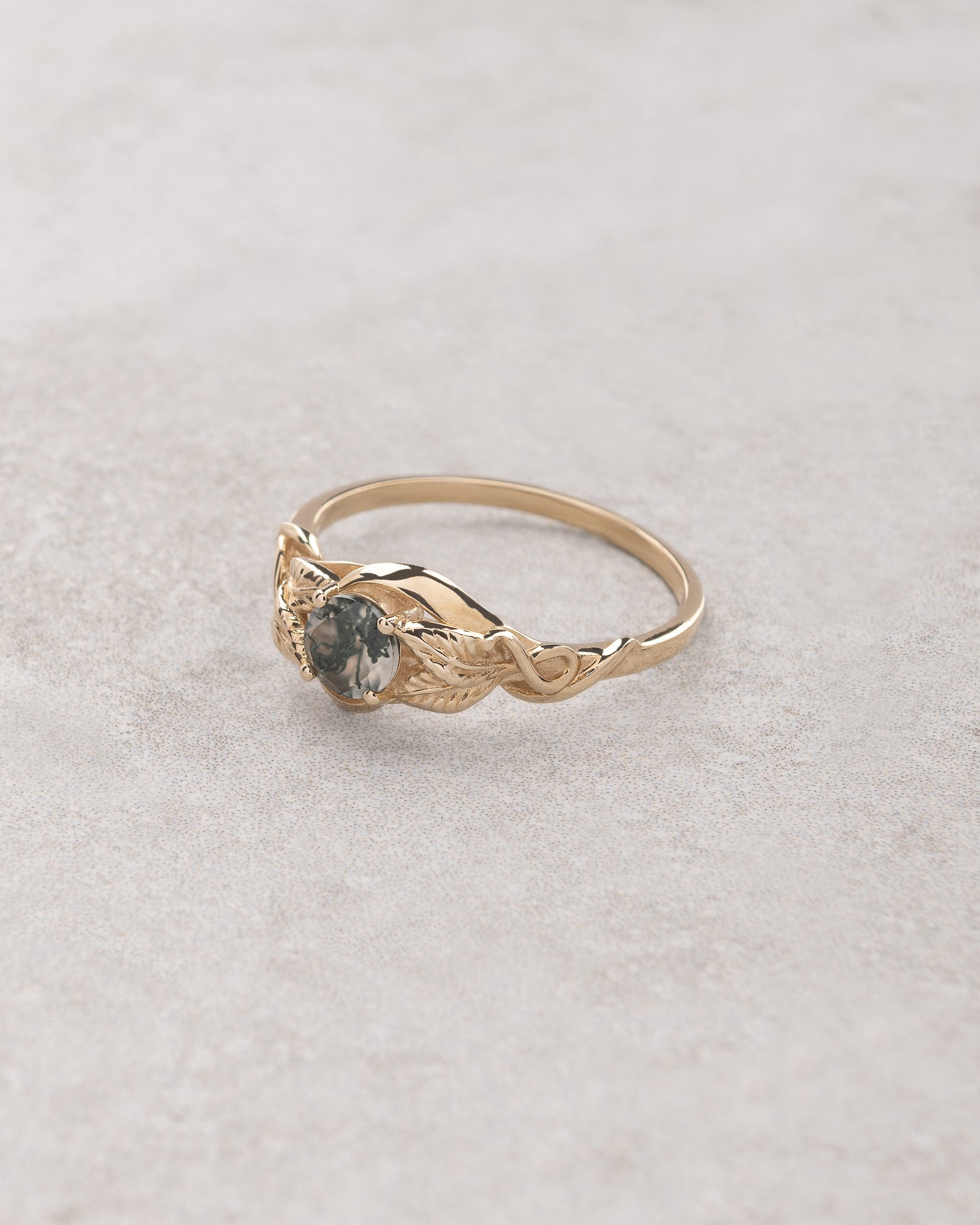 Delicate Engagement Ring With Moss Agate | Gold Leaf Ring for Proposal ...