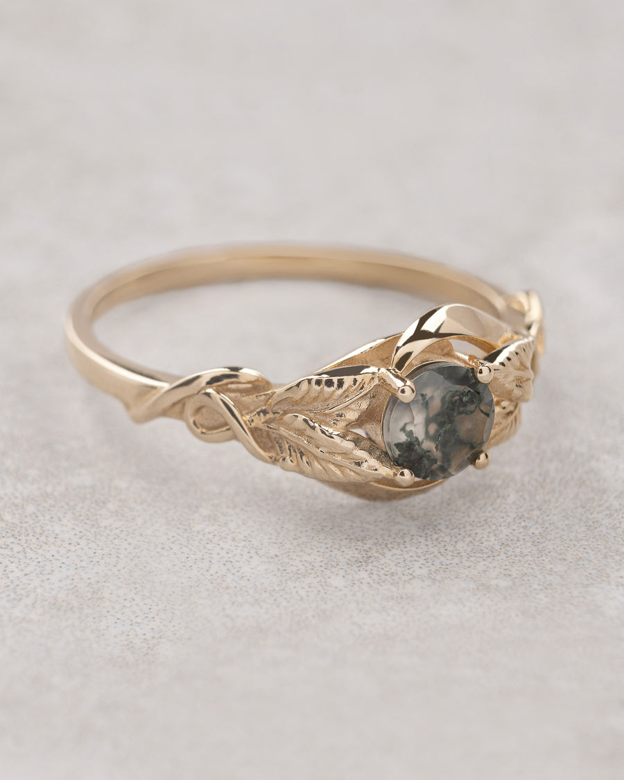 Delicate Engagement Ring With Moss Agate | Gold Leaf Ring for Proposal ...